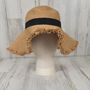 LC Lauren Conrad Tan Hat Black Ribbon Band Beach Sun Hat Paper Straw